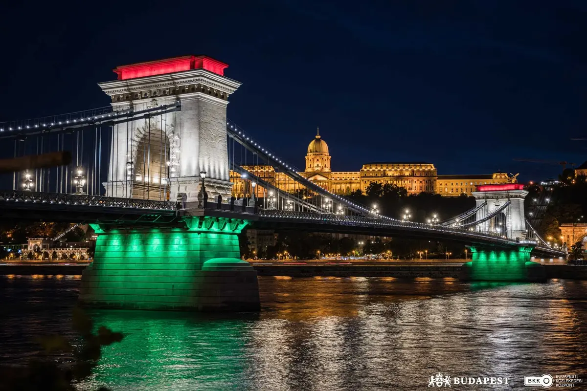 Chain Bridge in Budapest in the colours of the Hungarian flag for 20 August