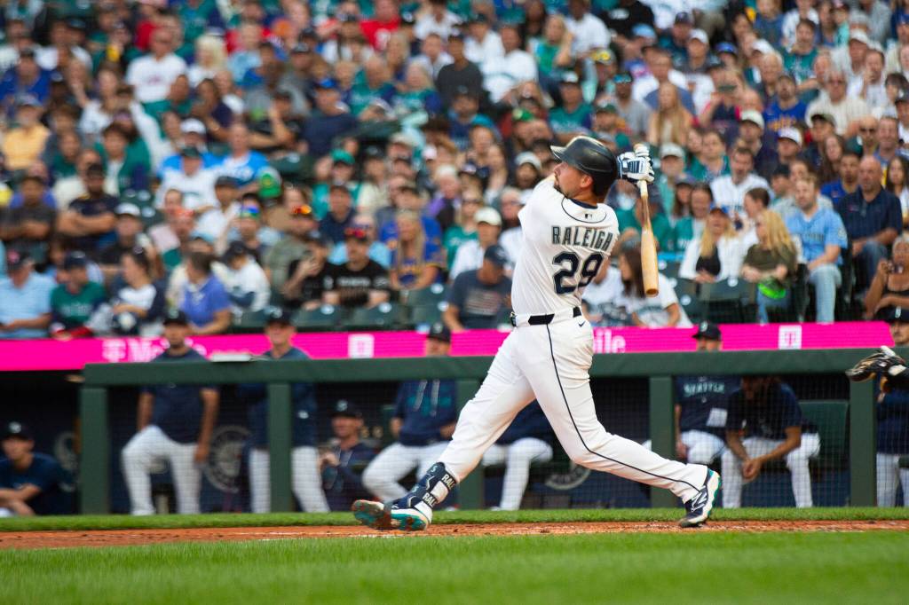 Cal Raleigh of the Seattle Mariners hits his second of three home runs against the Philadelphia Phillies at T-Mobile Park in Seattle, Washington on Monday, August 24, 2026. (Photo courtesy of Mason Coe)