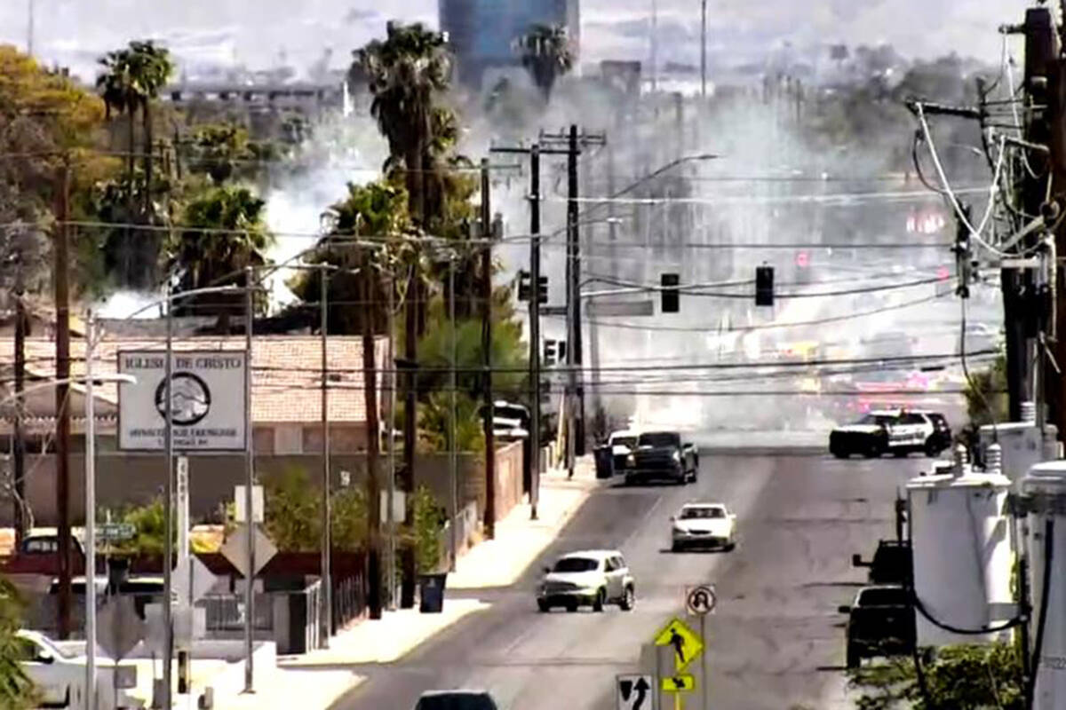 A fire disrupts traffic Wednesday, Aug. 5, 2026, in the area of West Charleston Boulevard and S ...