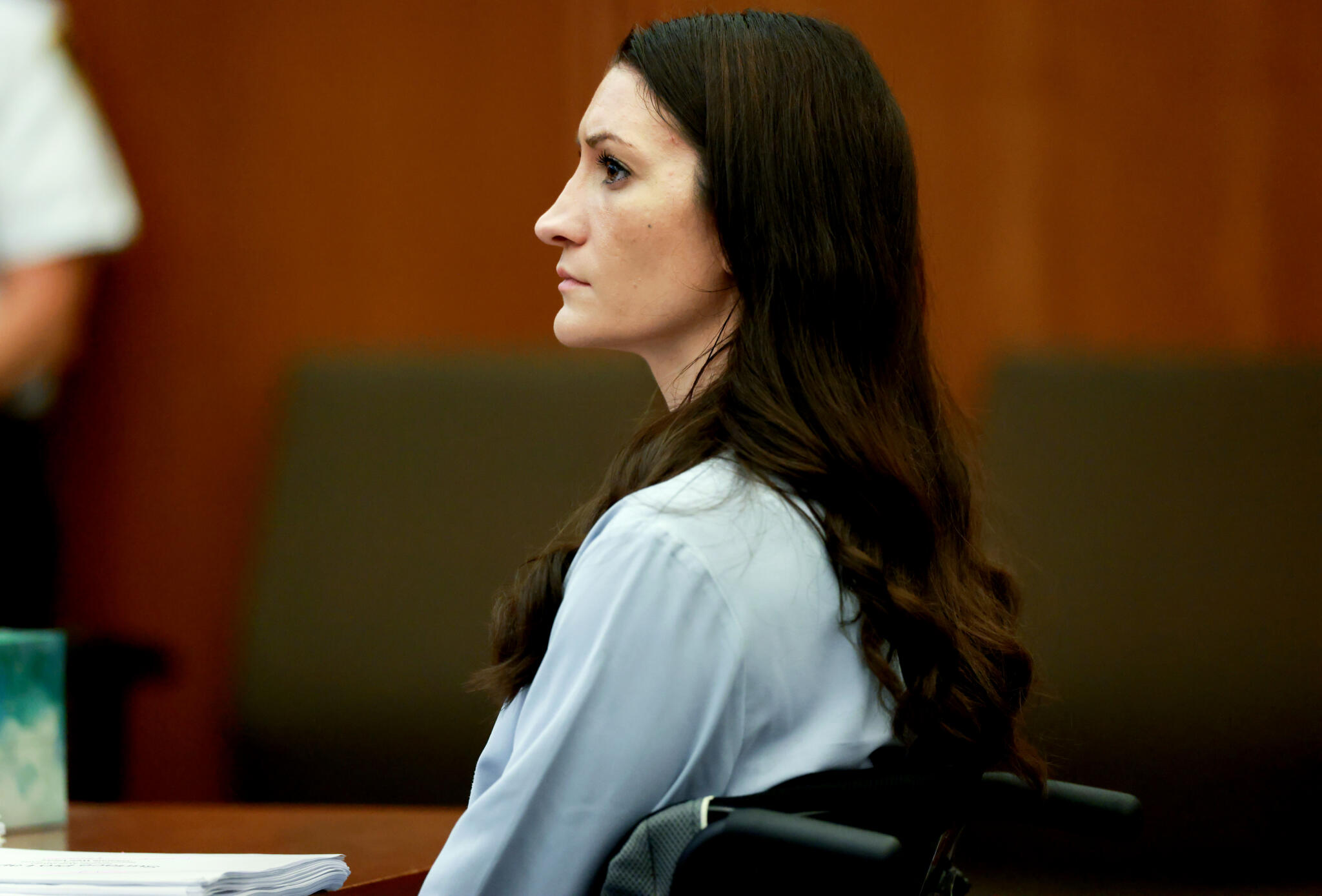 Lindsay Clancy listens to testimony during her murder trial at Plymouth Superior Court on Aug. 11. (Jonathan Wiggs/The Boston Globe via Getty Images)