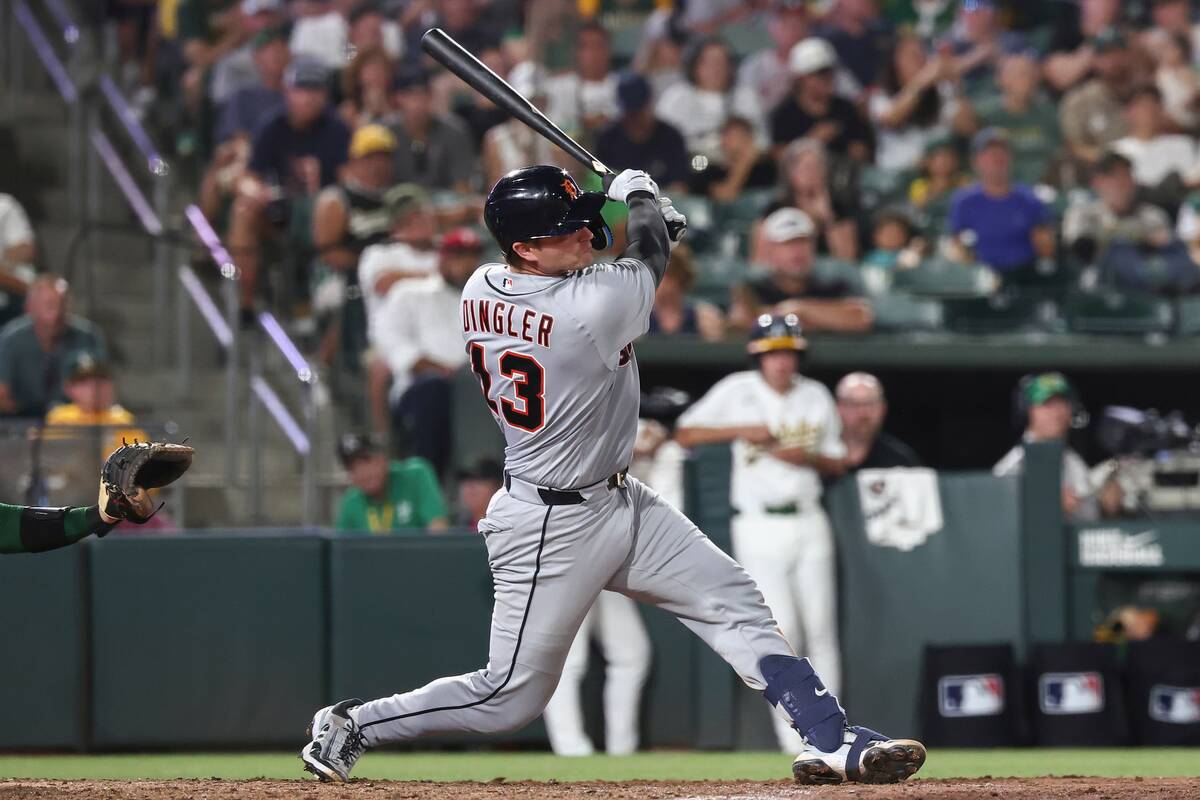 Detroit Tigers' Dillon Dingler hits a grand slam during the eighth inning of a baseball ga ...