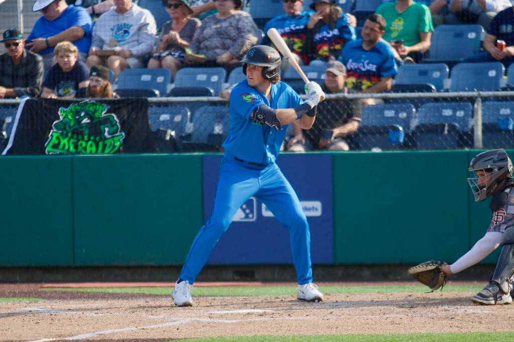 AquaSox infielder Carter Dorighi prepares to swing during Everett’s 7-5 win against the Eugene Emeralds at Everett Memorial Stadium on Aug. 31, 2025. (Joe Pohoryles / The Herald)