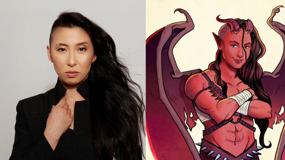 Erika Ishii, left, and art of her Gladiatorial Gargoyle counterpart, which will appear in the upcoming "Swords & Sweethearts" game. (Courtesy of Erika Ishii and Scrungo Games)