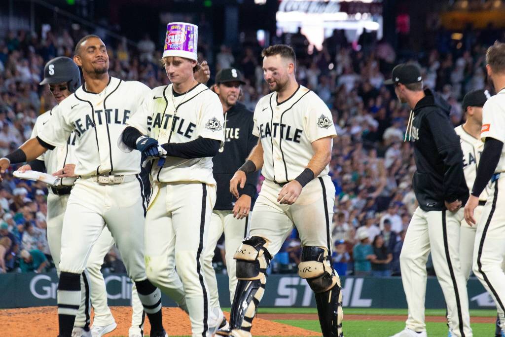 Colt Emerson celebrates with a bucket on his head after hitting a walk-off single against the Minnesota Twins on Sunday, Aug. 2, 2026 at T-Mobile Park in Seattle, Washington. (Photo courtesy of Mason Coe)