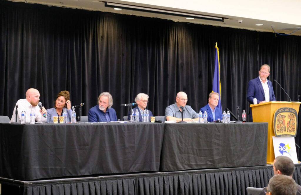 Six candidates for Alaska governor and lieutenant governor participated in a debate on education hosted by the Alaska Superintendents Association in Juneau on July 30, 2026. (Photo by Corinne Smith)