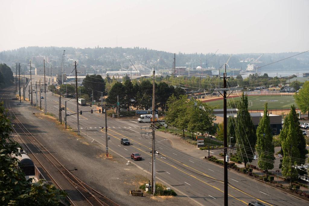 Hazy skies over West Marine View Drive in Everett, Washington on Wednesday, August 5, 2026, were caused by smoke blowing in from nearby wildfires. (Will Geschke / The Herald)