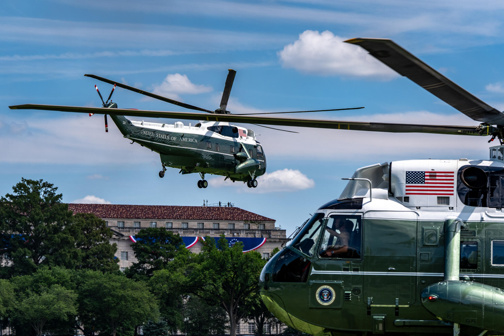 Marine One, left, with President Trump aboard, lifts off from the Ellipse, Tuesday, Aug. 4, 2026, in Washington. (Alex Brandon/AP)