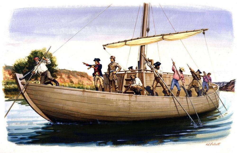 A painting shows men on a boat. One man stands at the front and points ahead.