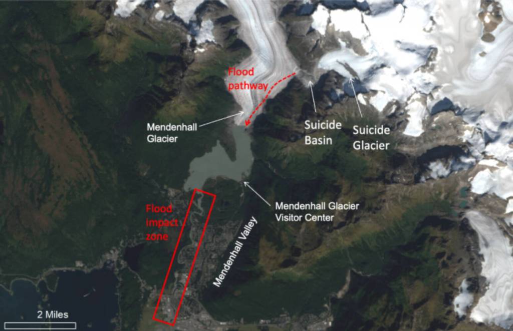 Suicide Basin is a side basin of the Mendenhall Glacier above Juneau, Alaska. Since 2011, Suicide Basin has released glacier lake outburst floods that cause inundation along Mendenhall Lake and River annually with a new record major flood event taking place on Aug. 13, 2025. (National Weather Service)