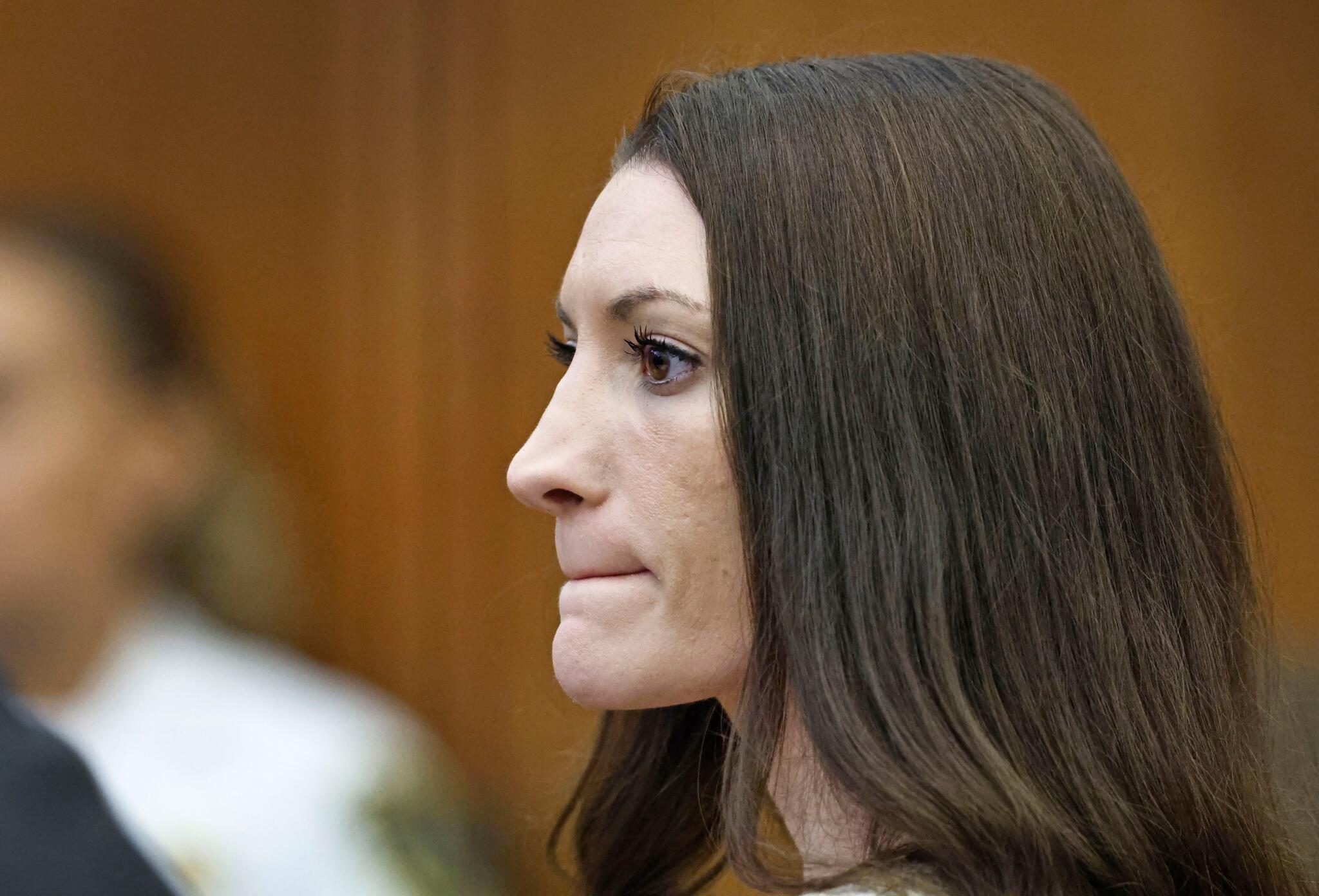 Lindsay Clancy listens to the testimony during her murder trial in Plymouth Superior Court, Wednesday, Aug. 26, 2026. (Greg Derr/The Patriot Ledger via AP, Pool)