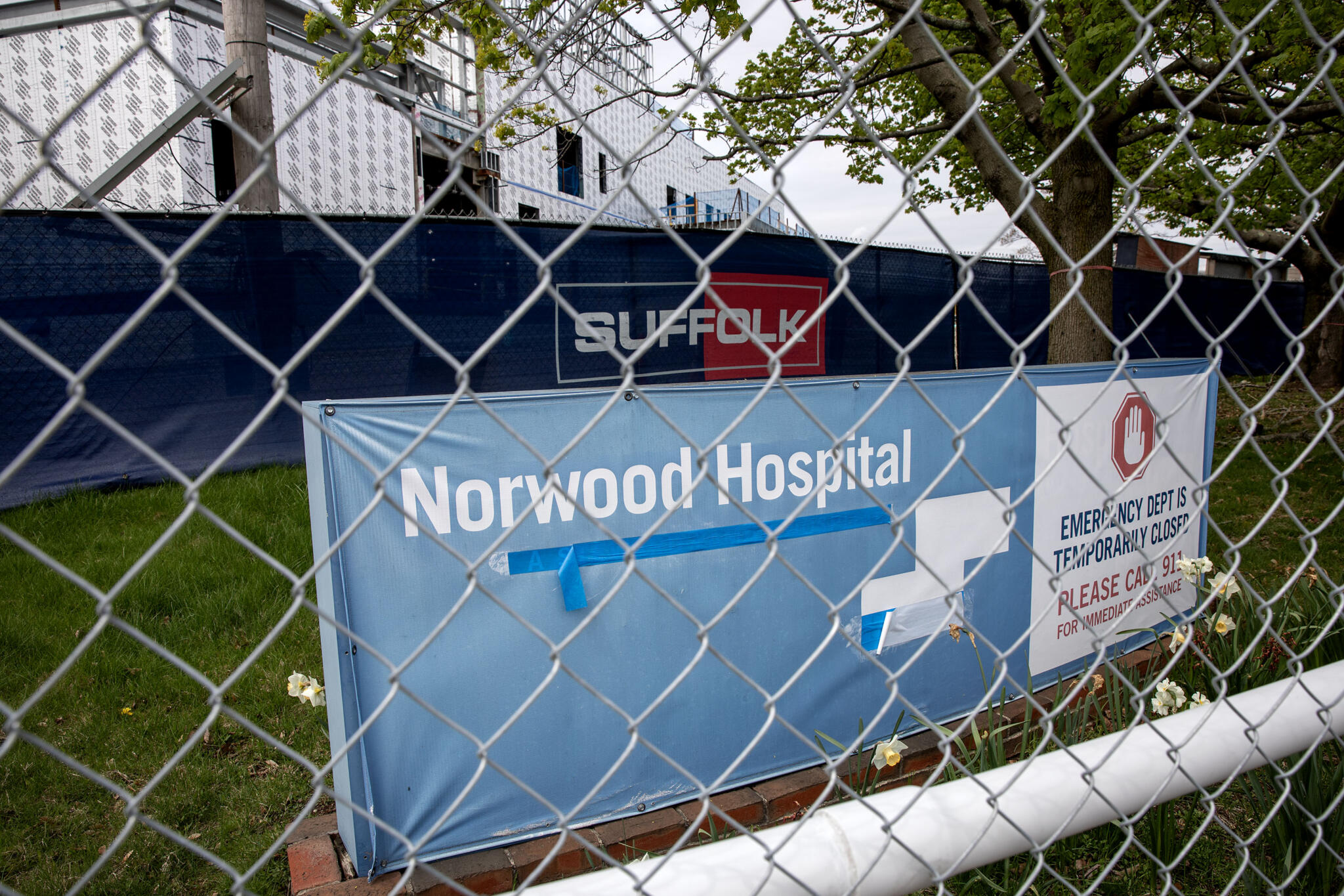 Norwood Hospital as seen in 2024. The hospital closed in 2020 after it flooded. (Robin Lubbock/WBUR file)