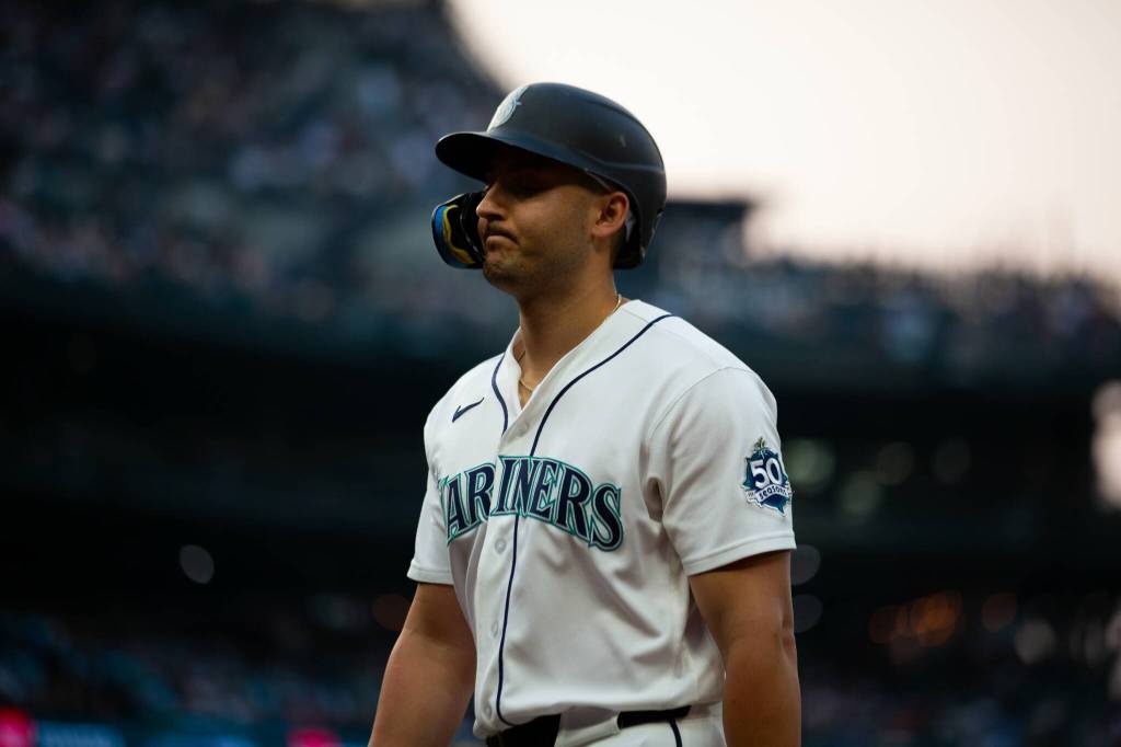 Dominic Canzone of the Seattle Mariners reacts after an at bat during an 8-0 loss to the Detroit Tigers at T-Mobile Park in Seattle, Washington on Tuesday, August 4, 2026. (Photo courtesy of Mason Coe)