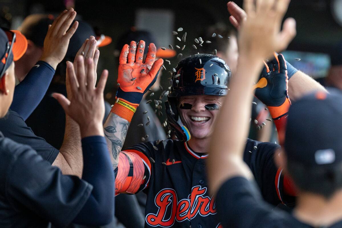 Detroit Tigers' Max Clark celebrates after hitting a two-run home run during the sixth inn ...