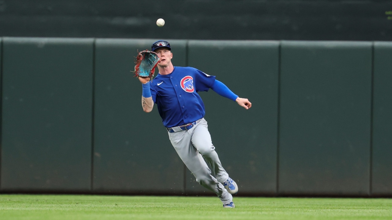 Chicago Cubs center fielder Pete Crow-Armstrong catches a fly ball hit by Baltimore Orioles' Adley Rutschman off pitcher Colin Rea during the first inning of a baseball game, Wednesday, July 8, 2026, in Baltimore.