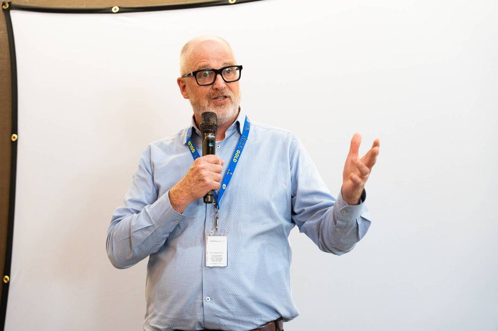 Community Transit CEO Ric Ilgenfritz speaks during the open house on Tuesday, Aug. 18, 2026, in Everett, Washington. (Will Geschke / The Herald)