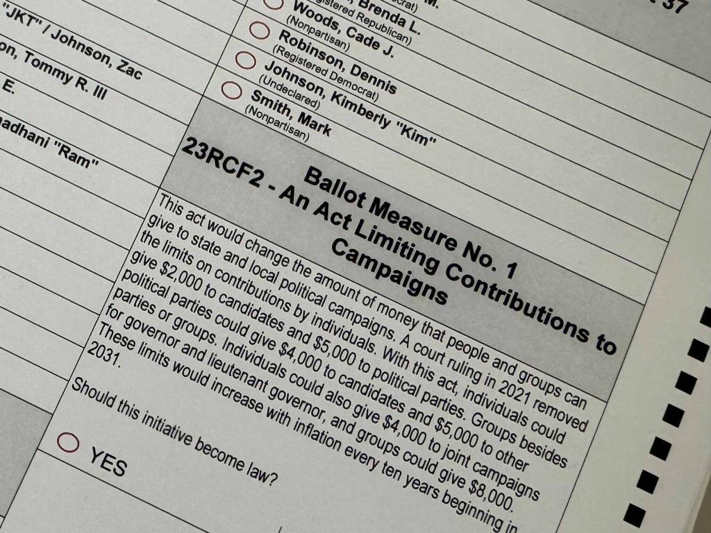 A sample ballot seen at the headquarters of the Alaska Division of Elections on Thursday, July 9, 2026, shows the language for the campaign finance ballot measure. (James Brooks photo/Alaska Beacon)
