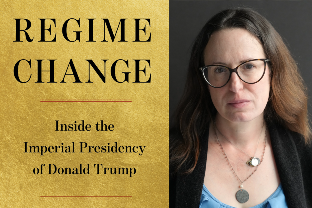 The cover of "Regime Change" beside co-author Maggie Haberman. (Courtesy)