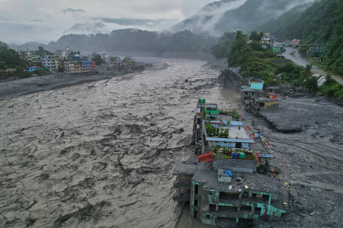 A drone view of the aftermath of flash flooding along the Trishuli river amidst fresh water sur ...