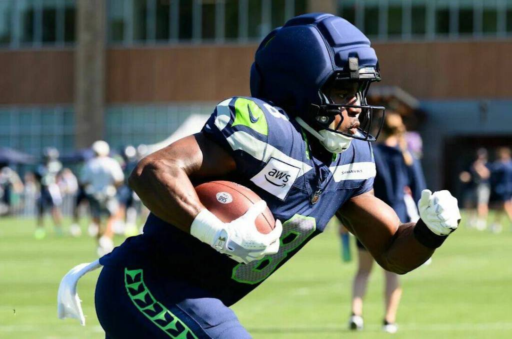 Seahawks running back Jadarian Price (8) practices Thursday, July 30, 2026 at the Virginia Mason Athletic Center in Renton, Washington. (Photo courtesy of Edwin Hooper / Seattle Seahawks)