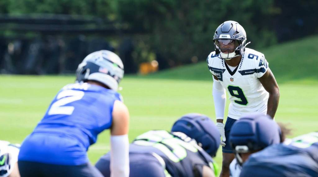 Seahawks safety Bud Clark (9) looks over the Seattle offense at practice on Monday, Aug. 3, 2026 at the Virginia Mason Athletic Center in Renton. (Edwin Hooper / Seattle Seahawks)