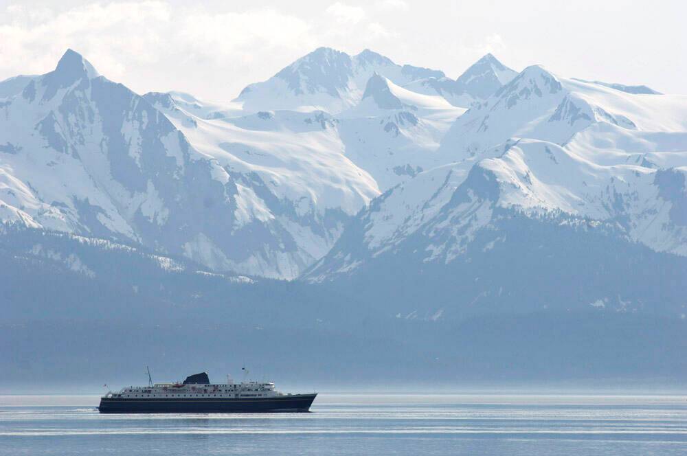 The Alaska Marine Highway ferry Malaspina heads up Lynn Canal towards Haines and Skagway, Alaska, from Juneau. (Juneau Empire file photo)