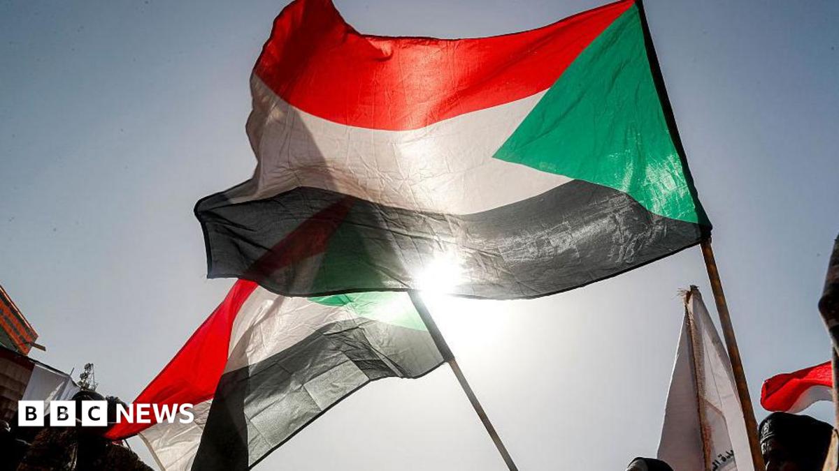 A Sudanese flag flutters in the wind against a backdrop of a bright blue sky - other Sudanese flags are in the background. The sun can be seen shining through the bottom of the flag.