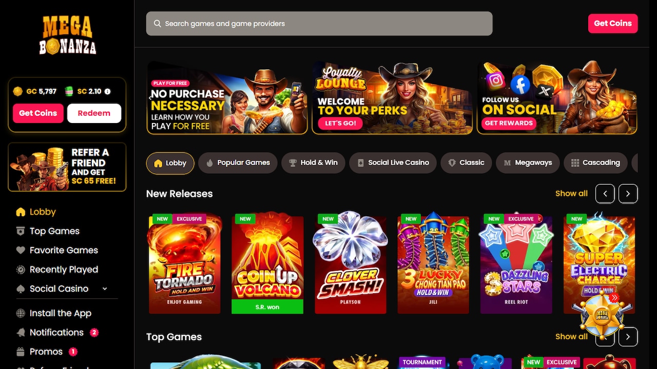 Mega Bonanza homepage - featured image for new social casinos in 2026.