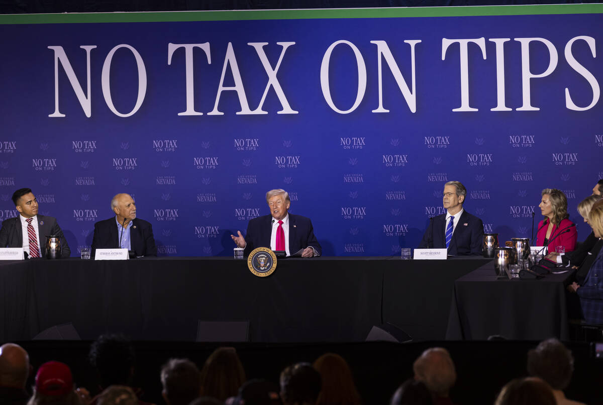 President Donald Trump speaks during a roundtable discussion at the AC Hotel in Symphony Park o ...