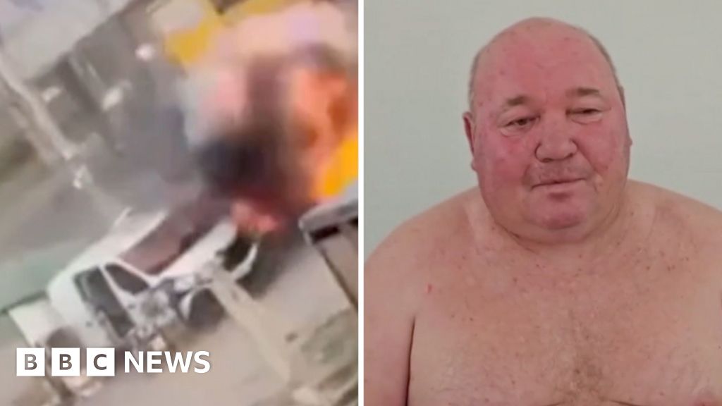 A shirtless man in a split screen with an explosion