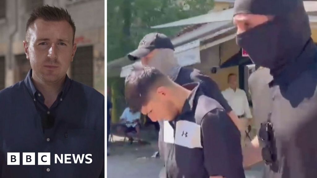 Composite image of Ben in Athens and Sharif being walked out of court by police