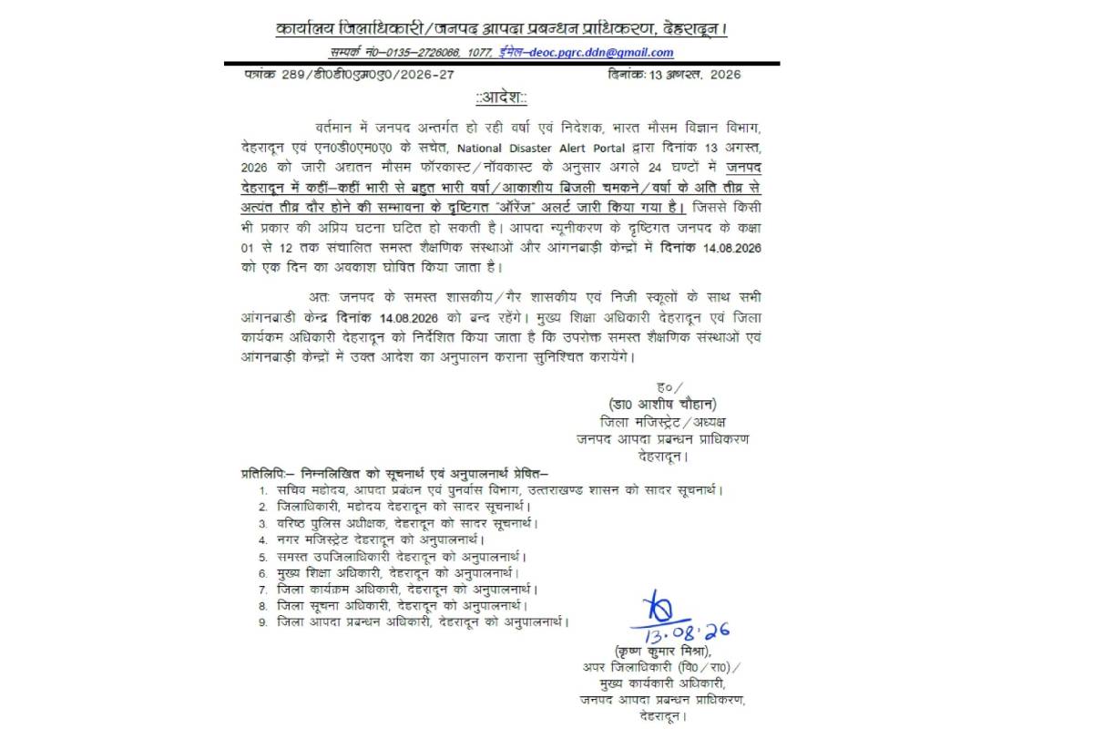 Weather alert: Schools to remain closed in Dehradun on August 14