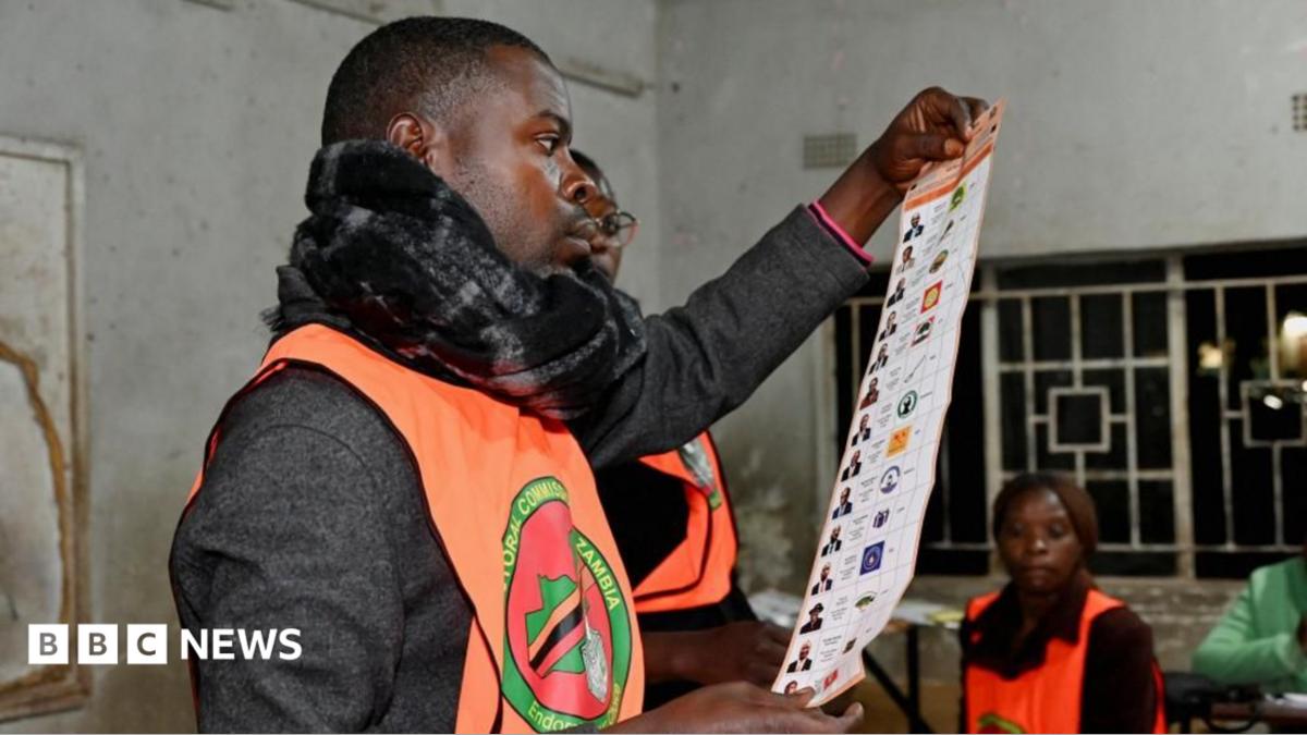 An election official wearing an orange tabard and scarf holds up a ballot paper for inspection.