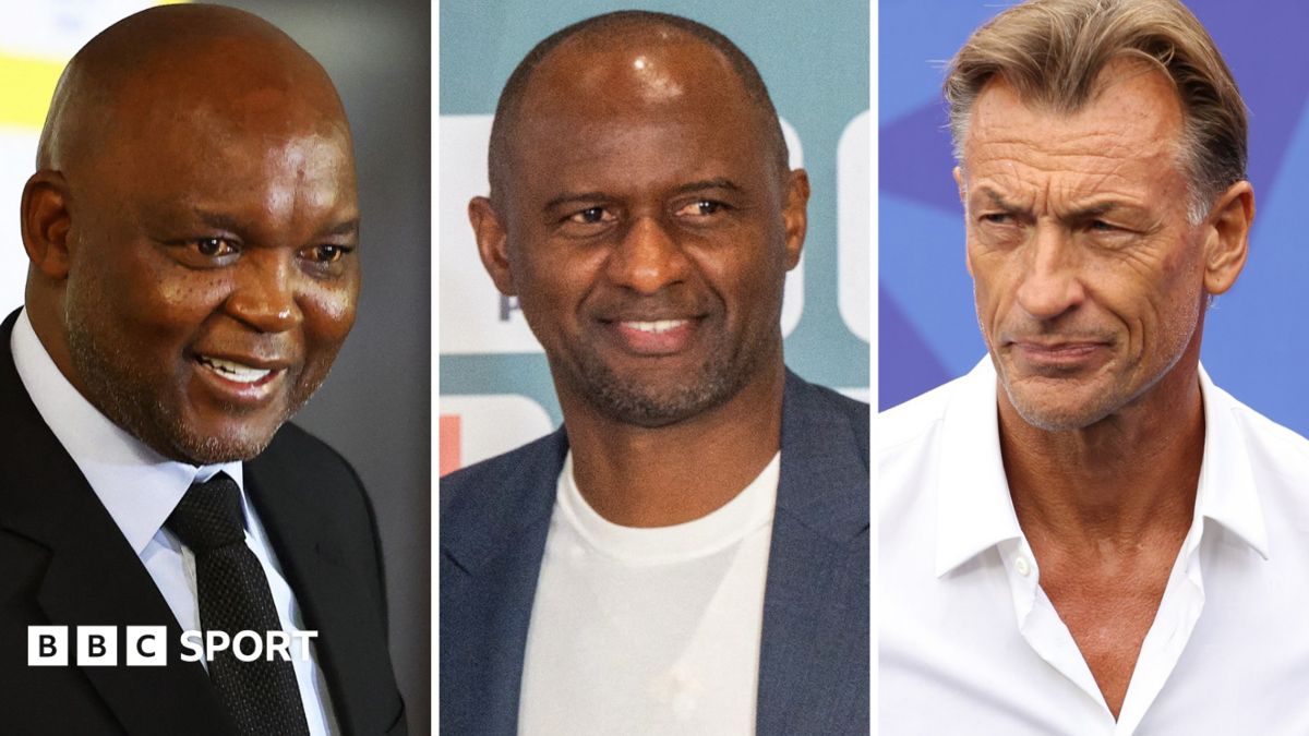 A triptych showing the heads and shoulders of Pitso Mosimane, Patrick Vieira and Herve Renard. Mosimane is seen mid-speech while wearing a black suit jacket, white shirt and black tie, Vieira smiles wearing a blue-grey jacket over a white round-neck t-shirt and Renard has a pensive expression while wearing a plain white shirt open at the neck