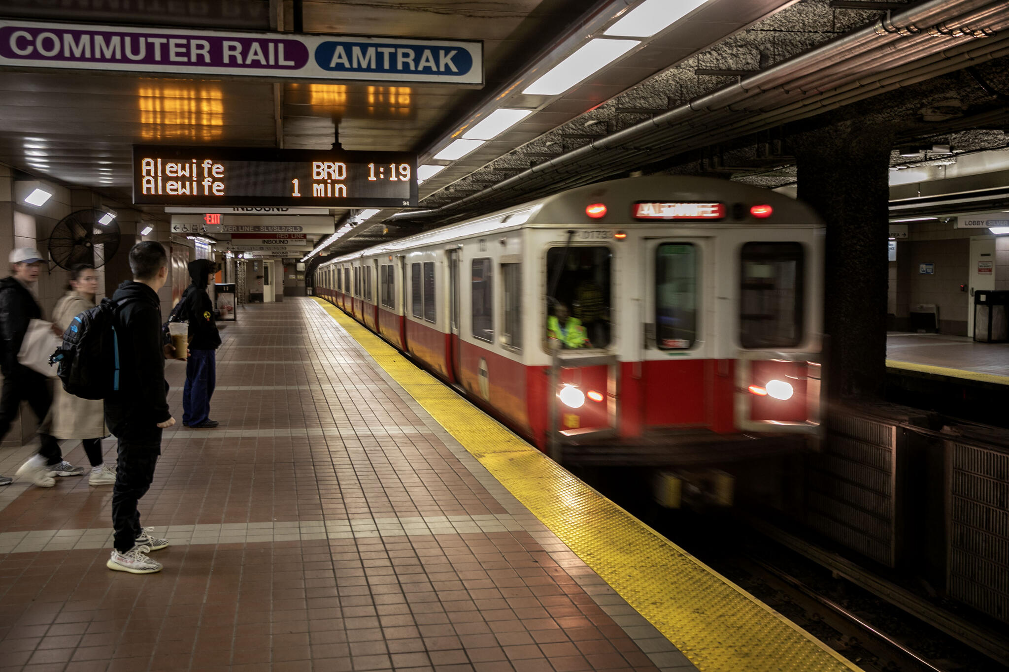 A Red Line MBTA train bound for Alewife pulls into Boston's South Station. (Robin Lubbock/WBUR, File)