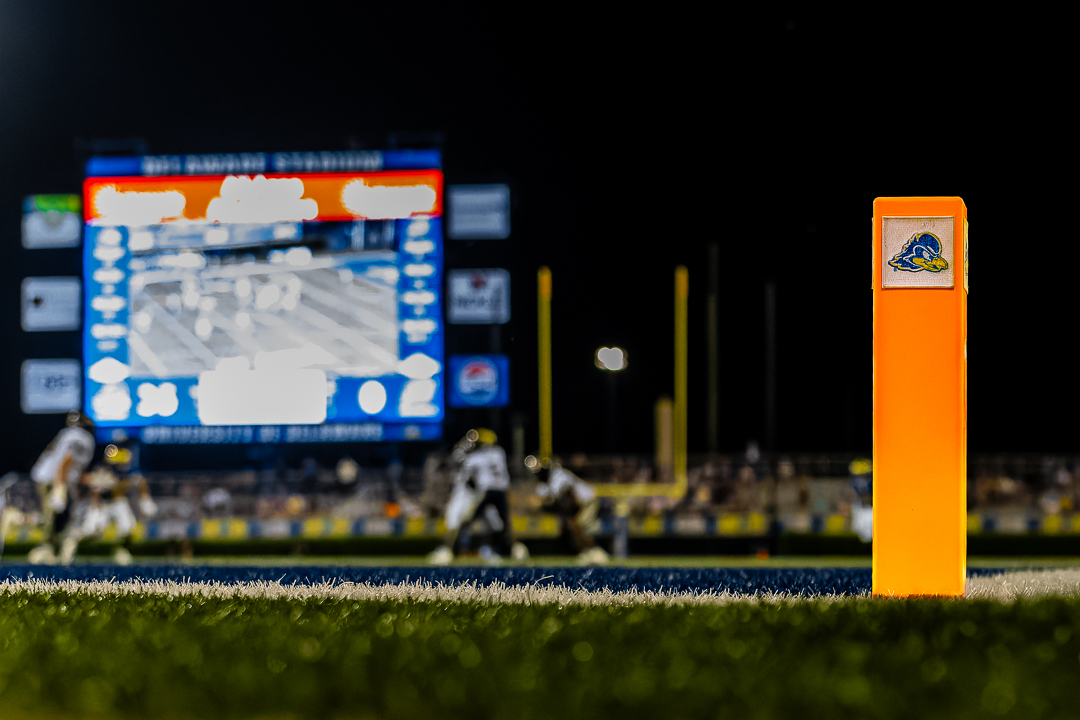 A picture of the pylon at Delaware Stadium during the team's first game of the 2026 season against Merrimack. Photo Credit: Dave Reeder.