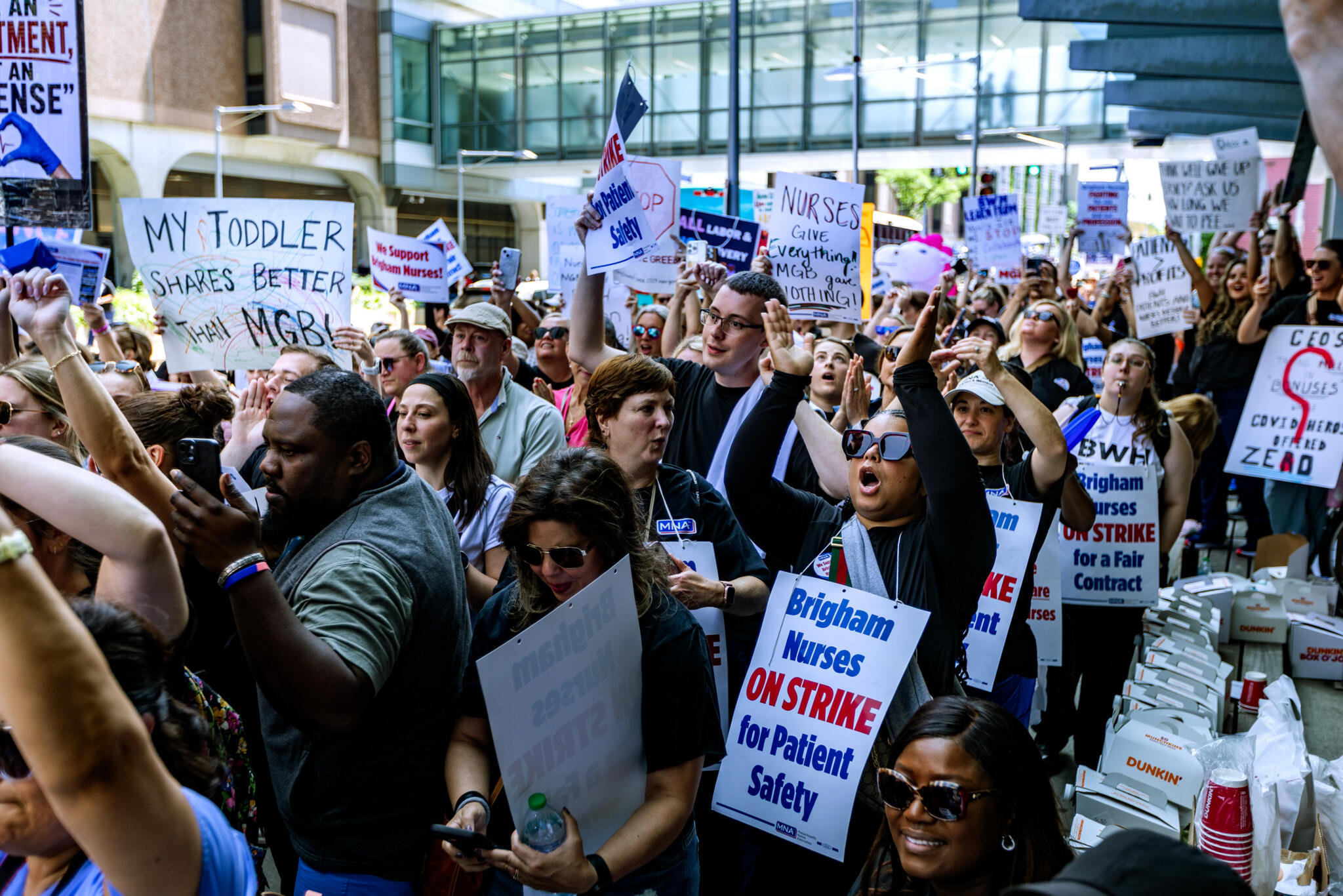 Nurses at Brigham and Women's Hospital picket during their July strike. (Jesse Costa/WBUR, File)