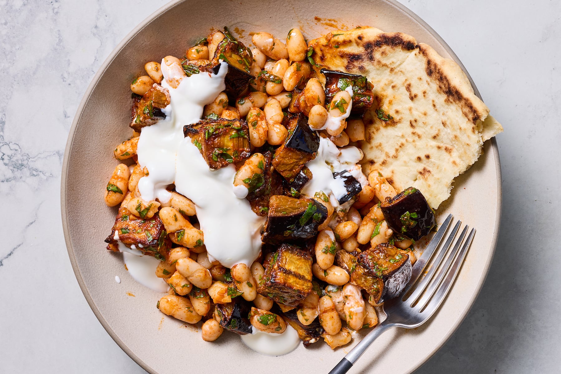 Chermoula roasted eggplant and beans