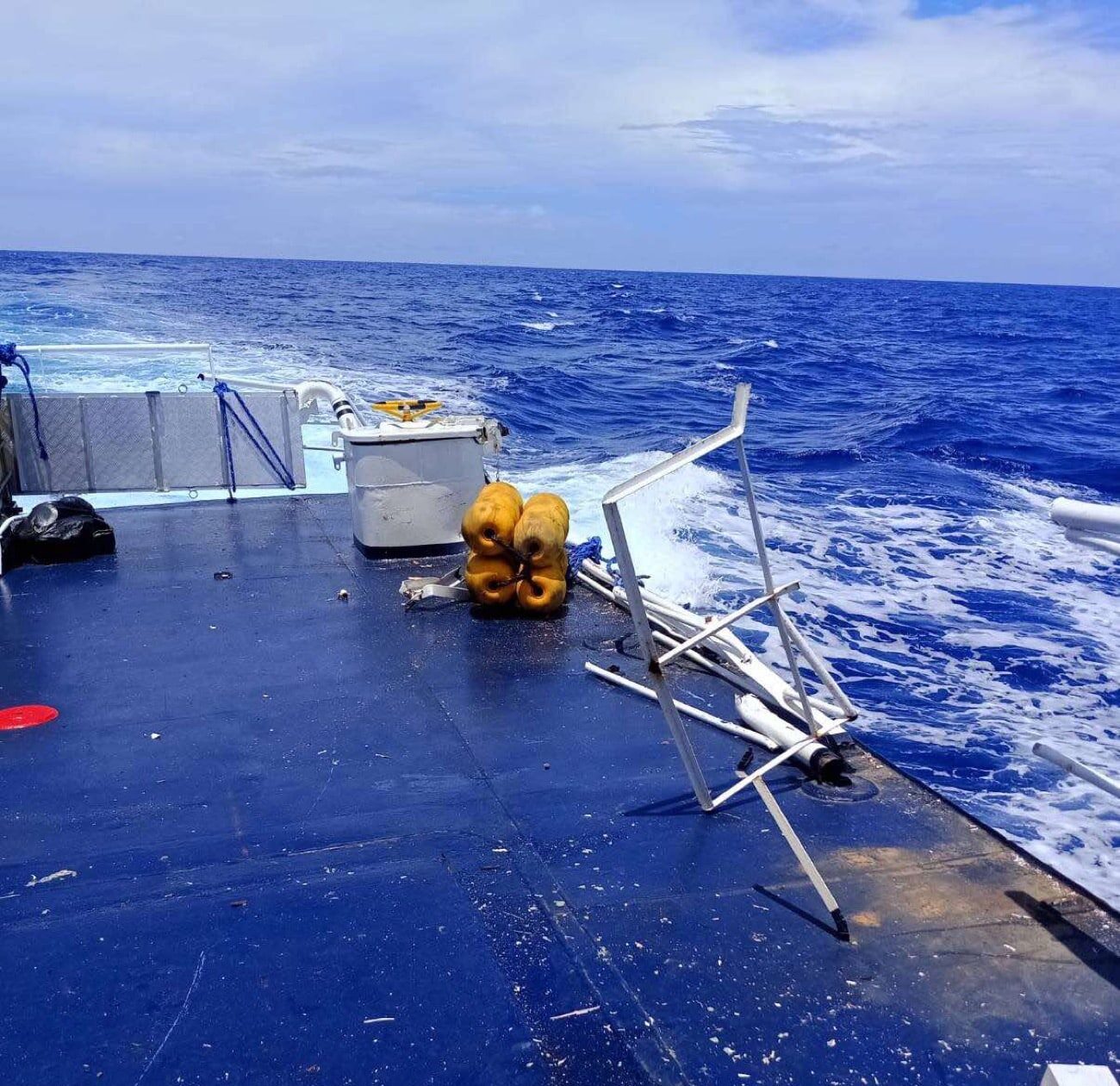 Damaged railings and deck fixtures are seen aboard the Bureau of Fisheries and Aquatic Resources’ BRP Datu Magat Salamat after it was struck by a China Coast Guard vessel in the West Philippine Sea on Friday, Sept. 18, 2026, according to the Philippine Coast Guard. Photo courtesy of PCG