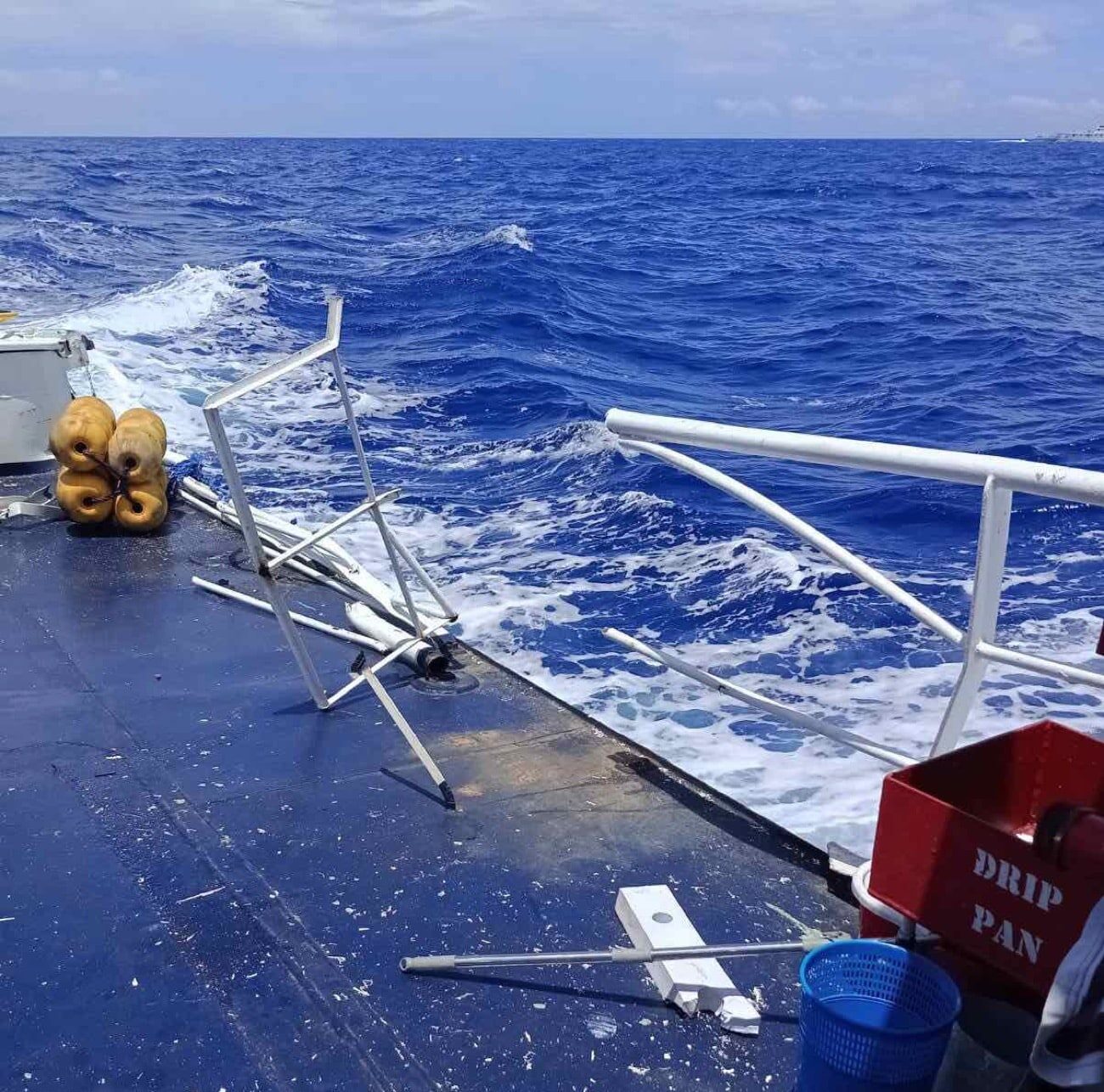 Damaged railings and deck fixtures are seen aboard the Bureau of Fisheries and Aquatic Resources’ BRP Datu Magat Salamat after it was struck by a China Coast Guard vessel in the West Philippine Sea on Friday, Sept. 18, 2026, according to the Philippine Coast Guard. Photo courtesy of PCG