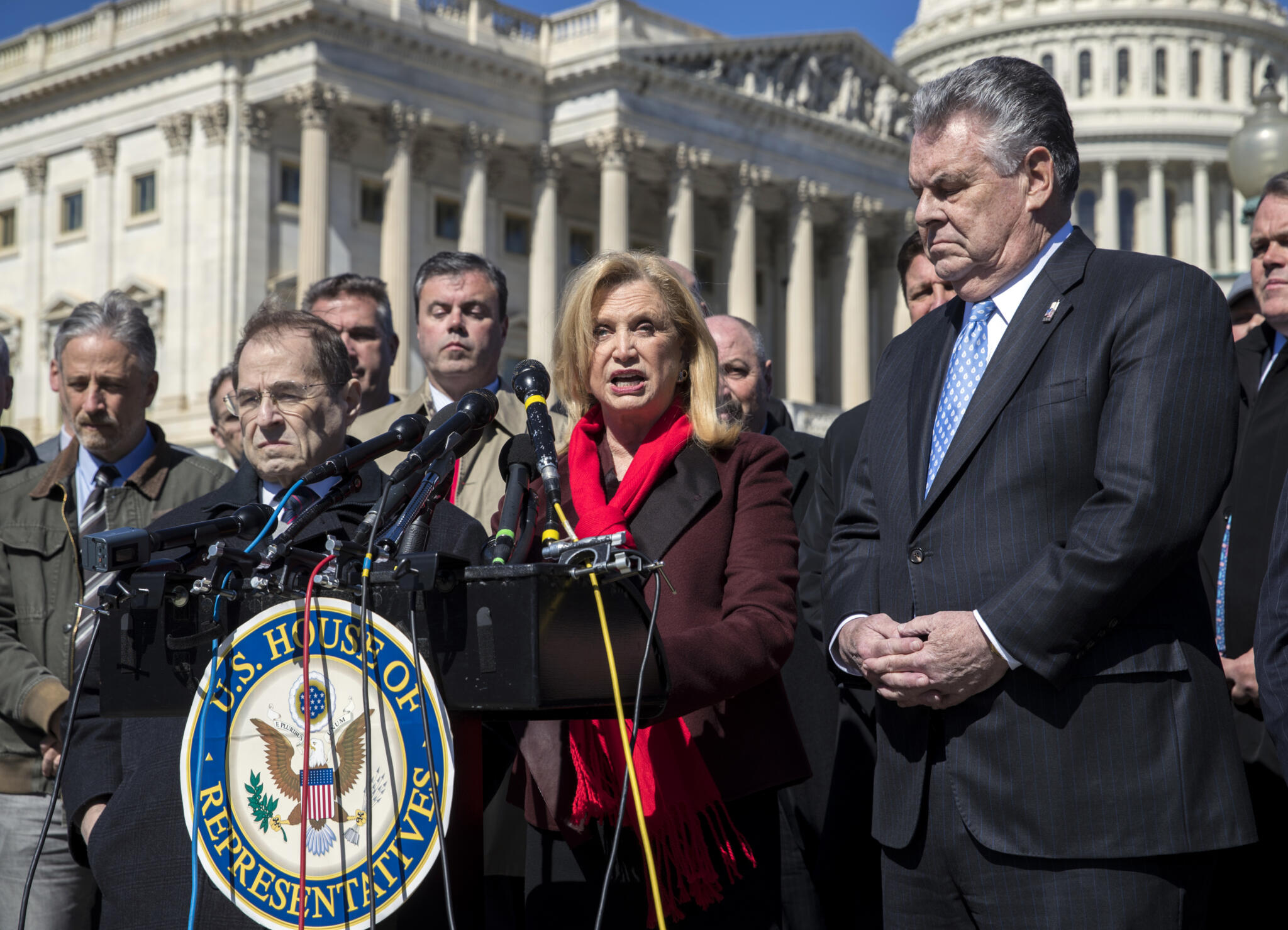 Rep. Carolyn Maloney, D-N.Y., joined by, from left, entertainer and activist Jon Stewart, Rep. Jerrold Nadler, D-N.Y., and Rep. Peter King, R-N.Y., holds a news conference to call for continuing support of the James Zadroga 9/11 Health and Compensation Act that has provided health monitoring and financial aid to the first responders, volunteers, and survivors of the September 11 attacks, at the Capitol in Washington, Monday, March 5, 2018. (J. Scott Applewhite/AP)