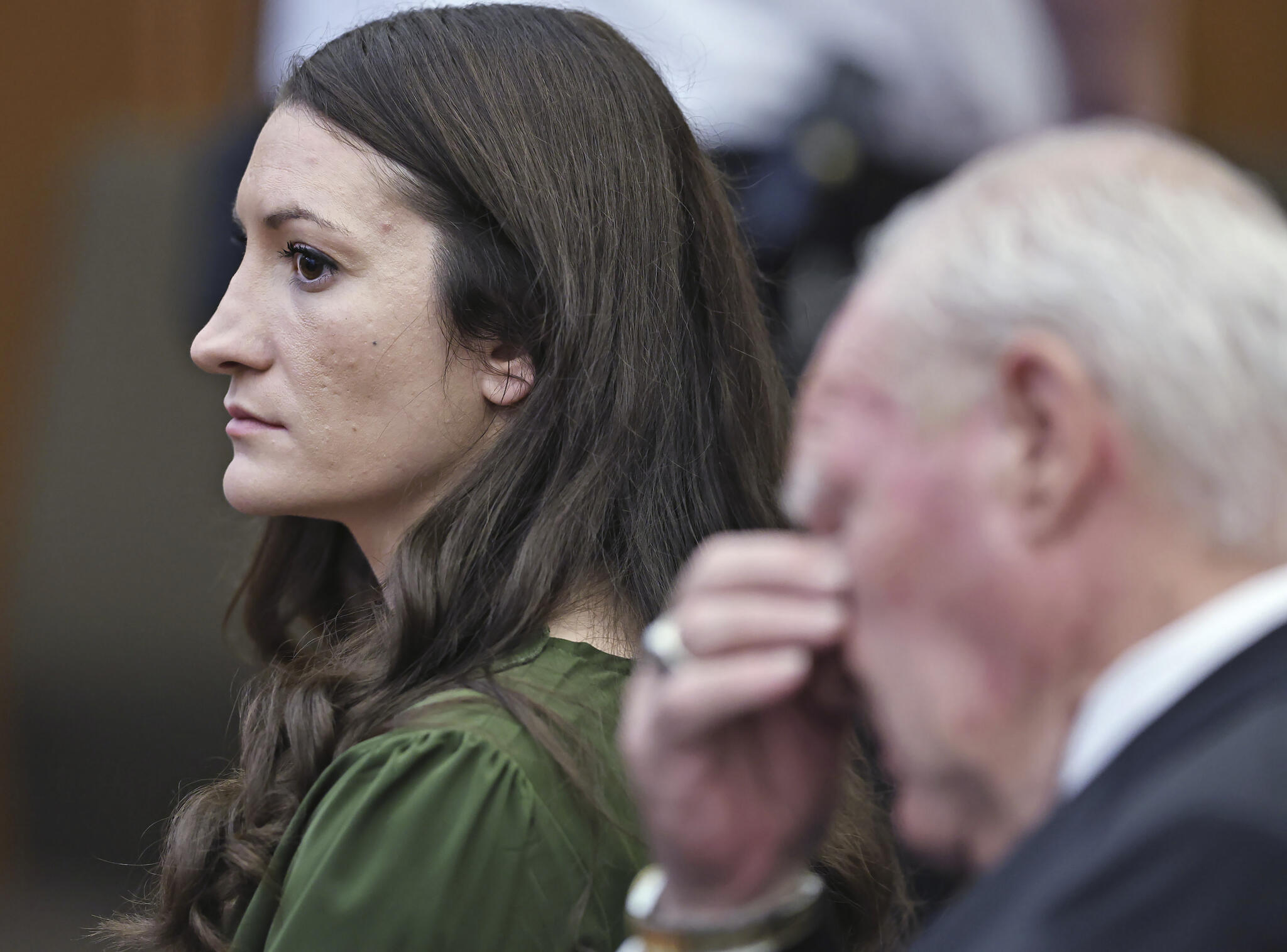 Lindsay Clancy watches jury members as Judge William Sullivan polls them before they start deliberations during her murder trial at Plymouth Superior Court in Plymouth, Mass. on Aug. 31. (Greg Derr/The Patriot Ledger via AP, Pool)