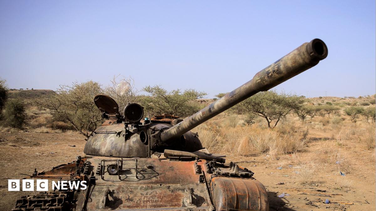 A destroyed tank in a field