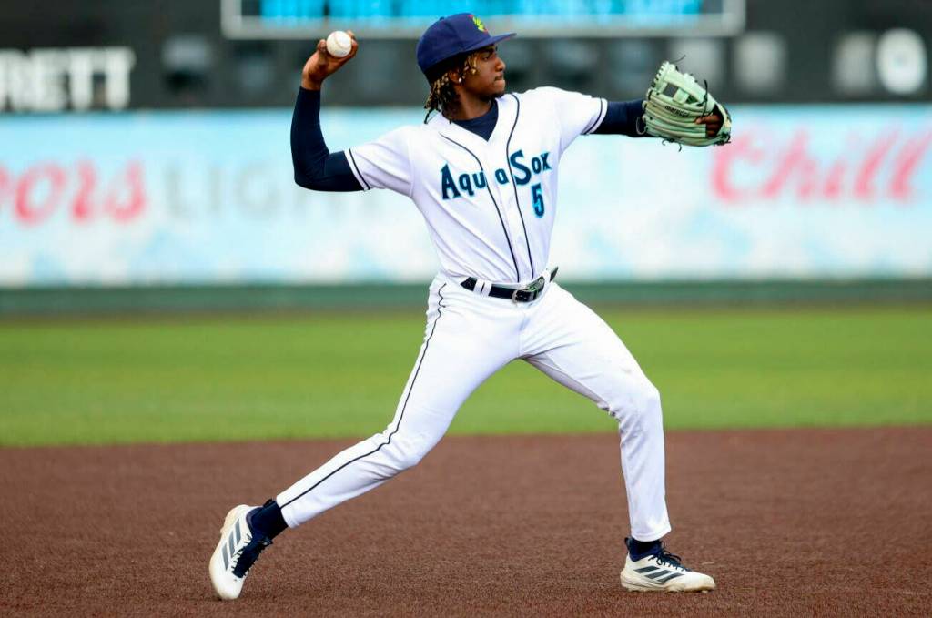 Felnin Celesten of the Everett AquaSox hit a grand slam home run in a 5-3 win over the Eugene Emeralds on Wednesday, June 3, 2026. (Photo courtesy of Evan Morud / Everett AquaSox)