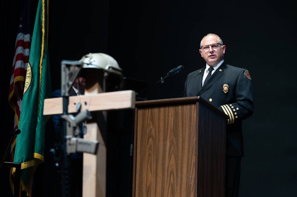 Everett City Council member and former firefighter Don Schwab speaks during the ‘Monumental Talks’ event on Friday, Sept. 11, 2026 in Everett, Washington. (Will Geschke / The Herald)