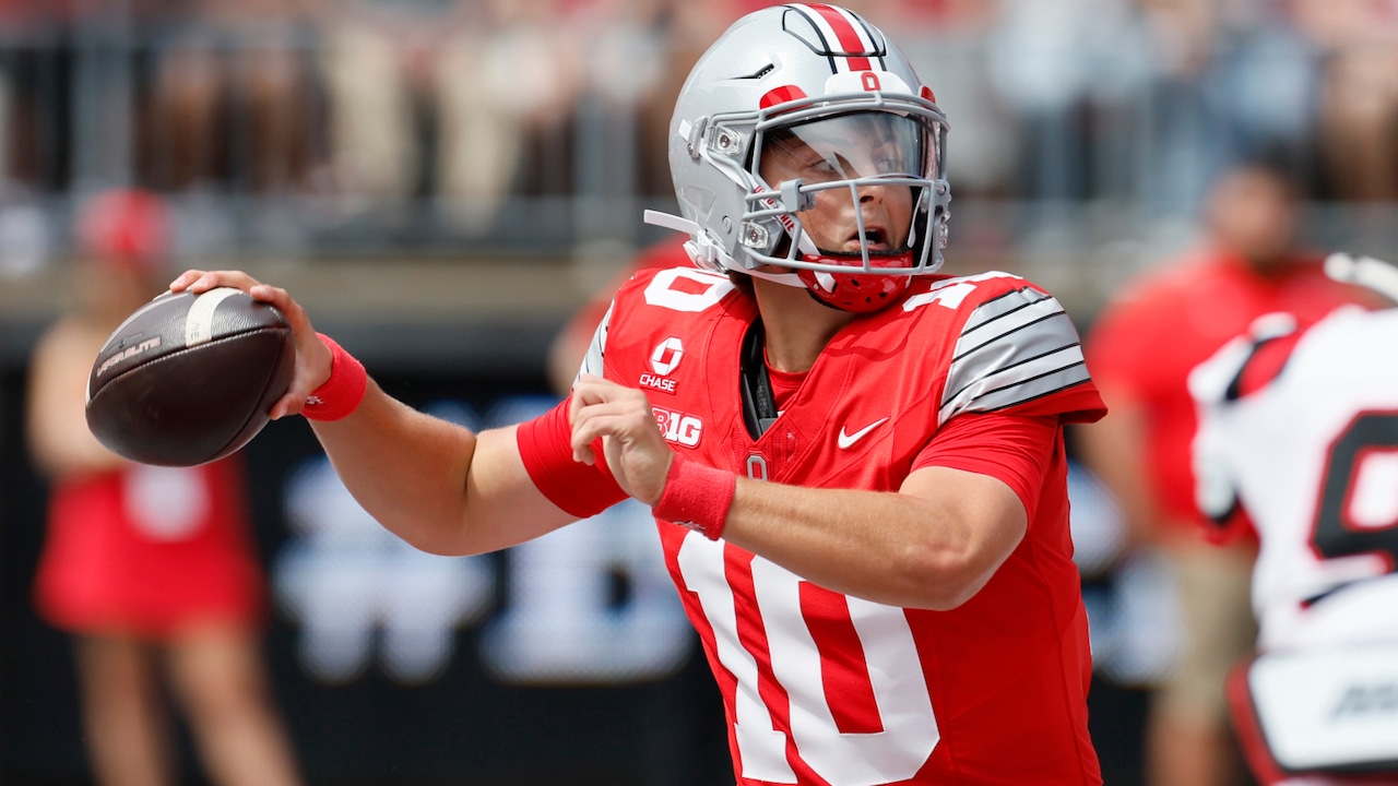 Julian Sayin delivering toss during Ohio State's victory over Ball State in Week 1 (2026).