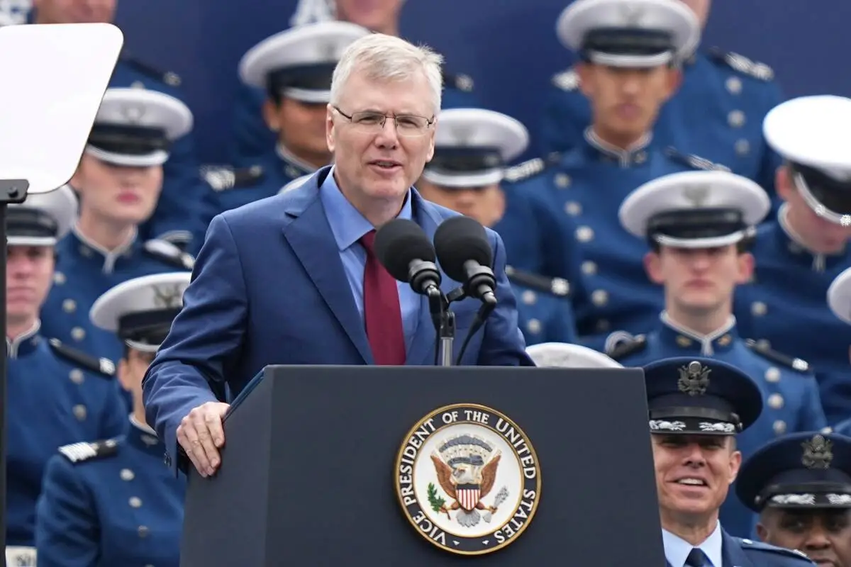 FILE - Secretary of the Air Force Troy Meink speaks during the United States Air Force Academy ...