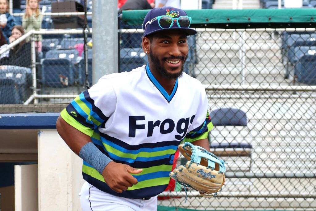 Everett AquaSox outfielder Lazaro Montes, who has impressed at Mariners spring training, smiles while running onto the field prior to Everett’s game against the Spokane Indians on June 26, 2024 at Funko Field. (Photo courtesy Evan Morud / Everett AquaSox)