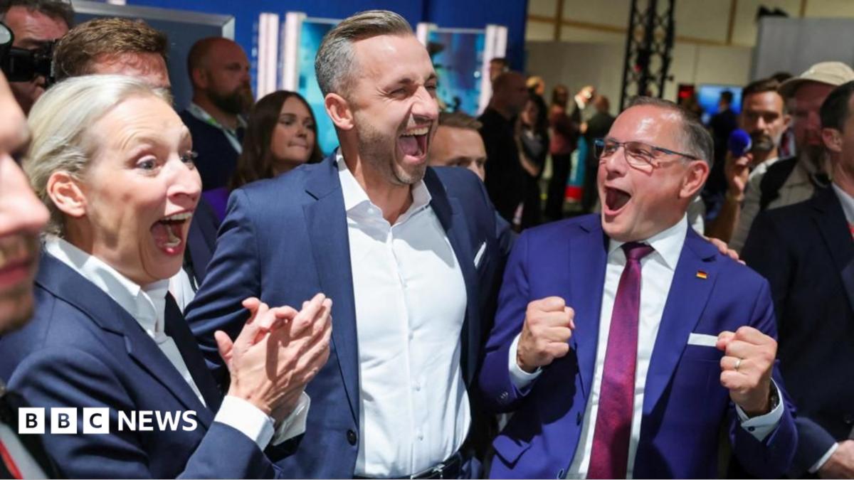 Top candidate of the far-right Alternative for Germany (AfD), Ulrich Siegmund, with party co leaders Alice Weidel and Tino Chrupalla, reacts after polls closed, on the day of the Saxony-Anhalt state elections