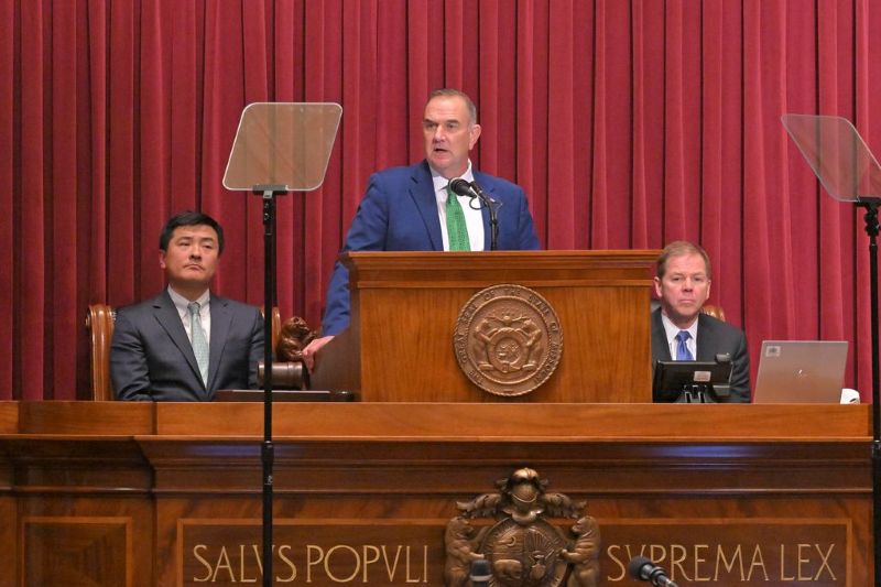 From left: House Speaker Jonathan Patterson, Gov. Mike Kehoe, Lt. Gov. David Wassinger (Photo by Tim Bommel, House Communications)