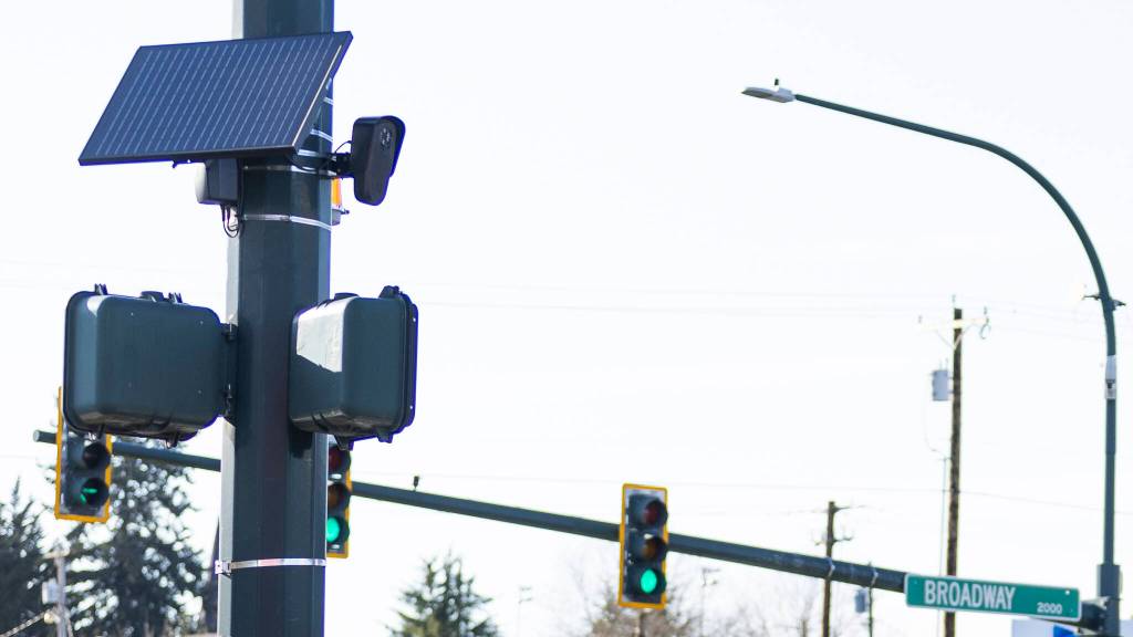 A Flock camera at the corner of Broadway and Everett Avenue on Monday, April 6, 2026 in Everett, Washington. (Olivia Vanni / The Herald)